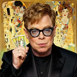 Elton John with glasses, tarot, intricate, highly detailed, digital painting, artstation, concept art, smooth, sharp, focus, illustration, art by  james jean, gustav klimt, greg rutkowski, and alphonse mucha