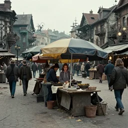 medium shot of market stall with umbrellas : sadie sink in hoodie. in ruined square, pedestrians on both sides. steampunk tenements in background : 3 5 mm film, anamorphic, from schindler's list by steven spielberg. cyberpunk, cinematic atmosphere, detailed and intricate, perfect anatomy