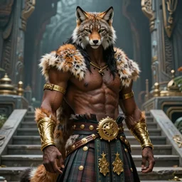 highly detailed, black male anthro - lynx, human with head of lynx, long rockstar hair, facial scar, masculine gigachad, muscular, wearing kilt and gold armbands, fur texture, on steps of alien temple, trending on artstation,
