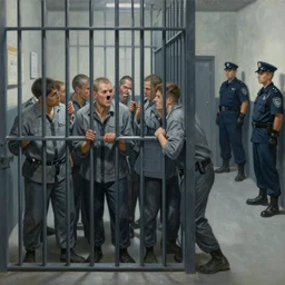 hyperrealism painting of prisoners scheming in prison cell to escape prison while guards distracted