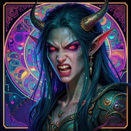 I have no mouth and i want to scream, cyberpunk angry gorgeous druid, pixel sorting, neon, fibonacci, sweat drops, insane, intricate, highly detailed, digital painting, artstation, concept art, smooth, sharp focus, illustration, Unreal Engine 5, 8K, art by artgerm and greg rutkowski and alphonse mucha
