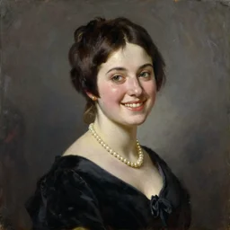 a bust portrait of a beautiful young english noblewoman with short dark brown hair smiling with a beautiful black dress and pearl necklace, art by philip de laszlo, oil painting, made in 1 9 2 5, oil on canvas, smooth, highly detailed, sharp