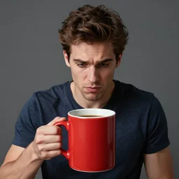 portrait of a ( ( ( red oversizeceramic mug of coffee ) ) ), an aroused young handsome italian man looking into the mug, 3 d photorealistic, parts by beksinski, parts by goro fujita, parts by yue minjun, by filip hodas