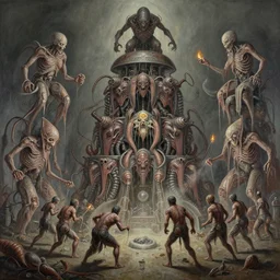 oil lace paint of 1 1 horrifying whip machines as mollusk wearing flayed gods in tiers, colossal medical gangrene machines in tiers, dethroning / we machines / melee, battle pit, by shigeru komatsuzaki, by alberto bontempi, basil gogos, wayne d barlowe, stefano tamburini, torch light, muted colors, epic, hyper