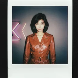 polaroid, youthful asian demure, exquisite features, feminine cut, 1 9 7 0's frontiers in flight leather suit, tokyo neon, terry richardson studio,