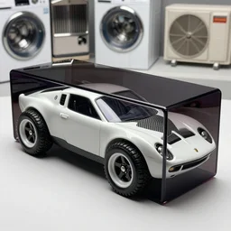 exceptionally unique reflective dark glass and plastic rectangular box - shaped car with fat tires and exposed carbon fibre and white ceramic generative design structure, insect - like, peugeot prestige, rolls royce phantom, washing machine, air conditioner unit, lamborghini miura
