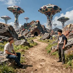 rocky ground with a dirt path, and grass surrounding it, organic alien ships attack the ground from the sky, john howe, liam wong, highly detailed, vibrant and vivid, giger