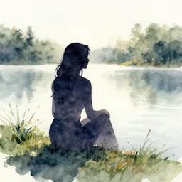 watercolor painting woman silhouette sitting near lake artstation
