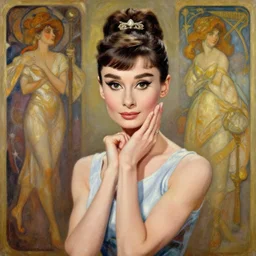 audrey hepburn posing for photo shoot, very detailed and realistic oil painting, by artgerm and greg rutkowski and alphonse mucha