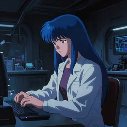 in the style of cyberpunk akira early 9 0's dark moody anime movie still : : dystopian hall art : : science girl researcher, long blue hair : : somber far future lab background interior : : calm, studying, lo - fi hip - hop beats