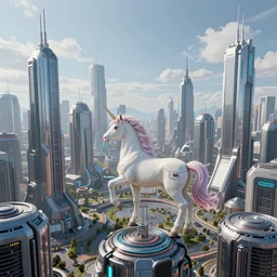 futuristic cyberpunk town with unicorn in the middle. By Konstantin Razumov, highly detailed