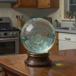 classic oil painting, a psychic crystal ball sitting on a kitchen table, as a dnd cover illustration, oven, dishwasher, sink, extremely ominous, concept art, highly detailed, smooth, sharp focus, art by brothers hildebrandt