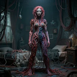 rgb, woman, posing, backrooms, cinematic, movie scene, inspired by zdzislaw beksinski, clothes made out of veins,, cables everywhere, bedroom, ultra realistic, concept art, intricate details, highly detailed, photorealistic, octane render, 8 k