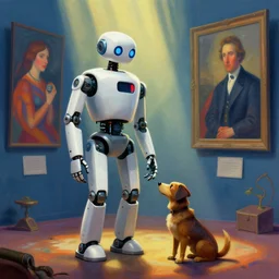 a robot and his dog painted by, mc escher, gordon onslow ford, georgia o'keeffe and ivan aivazovsky, cinematic light, god rays, colourful, unreal engine, zbrush central,
