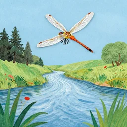 dragonflies darting above a peaceful stream. hand - painted collage cut paper. by eric carle