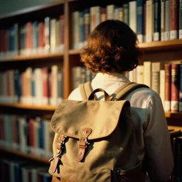 a 3 5 mm colorful photo from the back of a woman wearing a backpack standing in front of a bookshelf at a library on a college campus in the 1 9 5 0 s, bokeh, canon 5 0 mm, cinematic lighting, dramatic, colored film, photography, golden hour, depth of field, award - winning, 3 5 mm film grain, retro, closeup