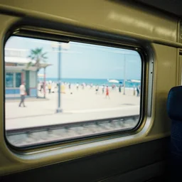 fuji 5 0 r, 3 5 mm ; film still of shinkansen interior with leather seat side window view with ; in the background anamorphic projection of beautiful hyperrealistic wide lens film still from ronin ( 1 9 9 0 ) beach promenade scene directed by wes anderson, highly detailed, cinematic lighting, 8 k