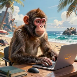 A comic book style portrait painting of a monkey working at Amazon in a post apocalyptic beach setting, unreal 5, DAZ, hyperrealistic, octane render, dynamic lighting