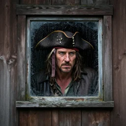 concerned russell crowe with pirate hat peering out from a small dirty rainy window, wooden wall