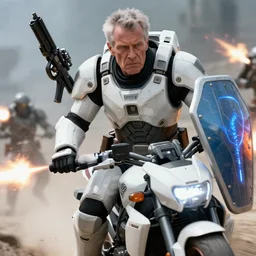 close up photograph of a stern faced old man who is a veteran of many futuristic wars with short gray hair and blue eyes. he is wearing a white futuristic suit of heavy combat armor and holding a blaster in one hand and a plaster plazma - proof shield in the other. riding a white armored motorcycle charging into enemy lines while firing plasma bolts. scifi