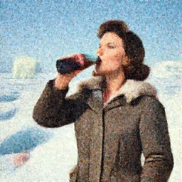 woman wearing a parka drinking a bottle of coke in front of an icy polar landscape, polar bear in the far background, coka-cola advertisement, pinup style, retro ad, print advertising, 1960's