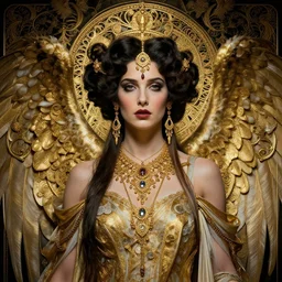 concept art, sunny leone as an angel woman, beautiful, frank frazetta, ornate, art nouveau, symmetrical, gold jewelry, high contrast, unbiased render, Emil melmoth, eerie, haunting, victorian, 8k, octane render, style of Gustav Klimt, head and shoulders