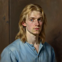 digital pastel portrait of a skinny white male, slightly longer blond hair and a light stubble beard, wearing a light blue shirt, blue eyes, rugged, teenage, fantasy, wizard, trending artstation, dungeons & dragons, neutral expression, wooden background, award winning dark lighting, realistic, 1 8 th century oil painting