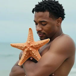 a photo of a light skinned black man, in his mid 2 0 s, with short curly hair, lovingly hugging his beloved starfish.