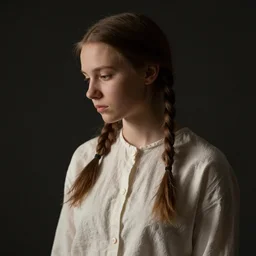 portrait of a russian girl, medium closeup, pigtails, cinematic light, dark background, sideview, looking down, wrinkled cotton shirt, by jeremy lipking