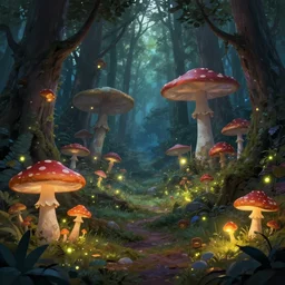 enchanted forest full of magical mashrooms, fireflies, magical land, trending on artstation