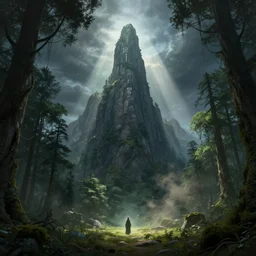 a single tall mountain reaching towards space, an ecological gothic scene with a beautiful druid in the distance, witch runes in the deep forest, magical clearing, sunshafts, dramatic lighting, dust motes floating in the sunlight, 4 k concept art
