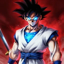 a sketch of a humanoid glowing eyes goku, wearing a white japanese robe, by melmoth zdzislaw belsinki craig mullins yoji shinkawa, blue light, blue lava coming out of its chest, very realistic render, anime, paint smears digital art, realistic anime, dramatic lighting, red light, red highlights, d & d design, holding a sword made out