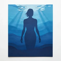 paper art, shades of blue, silhouette of human adrift in the ocean