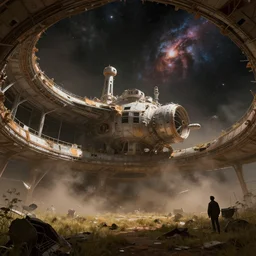 a outside view of abandoned space station in the deep space, cinematic view, epic cosmic sky, detailed, concept art, low angle, high detail, warm lighting, volumetric, ominous, misty, beautiful, trending on artstation, by jordan grimmer and jeremy mann, huge scene, grass, interior architecture zaha hadid