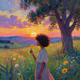 girl with one flower afro, in a field with flowers, hills, big trees, sunrise dramatic light, impressionist painting, colorful clouds, digital painting, pointillism, artstation, simon stalenhag