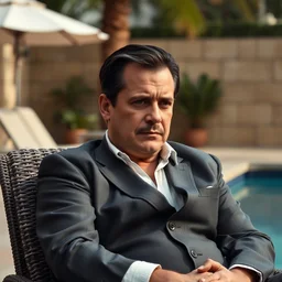 film still of viktor orban dressed like pablo, clean shaved face, sitting in a chair next to a pool, a scene from tv series narcos narcos narcos, hd, 4 k