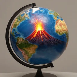 A globe on display with an erupting volcano inside.