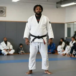 overweight black jiu jitsu practitioner with dreadlocks wearing a white gi in a martial arts school, black man, standing full shot, real photo
