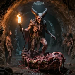 airbrush baphomet, sewage tunnels with primitive flesh raft, of rotten flesh, syd mead, enric torres, alberto bontempi, feng zu hyper realism, narrative light, muted colors, epic, hyper detailed, awe inspiring, award winning horror, torch lighting, hyper realism, cinematical