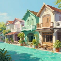 street of teal stone, sunlight and whimsical houses, cafe tables, bangkok, painting by james gurney