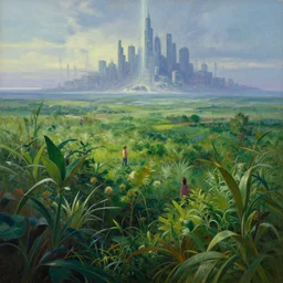 vast landscape, lush plants in the foreground. distant cyberpunk metropolis, light rays, hyper real painting by chiara bautista karl kopinski kim jung giu and weta studio, and lucasfilm and jesper ejsing and norman rockwell greg rutkowski frank frazzeta