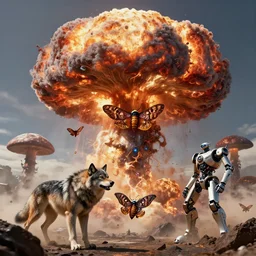 by kay nielsen and grzegorz rutkowski, visually stunning, cinematic, ultra realistic, hyper realism, 1 2 k, epic, octane render, unreal engine, vfx, maya, nuclear explosion mushrooms : trophy wolf, ornate moth : the era of fluid robots
