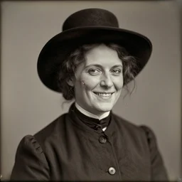 a late 1 9 th century, [ [ mischievous!! ] ], thirtysomethins years old, austro - hungarian woman ( smirking cate blanchett, with termed kyphosis, with wart, messy, brown hair, ( ( large black hat ) ), bun ), daguerreotype by emil rabending