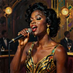 art deco painting of a sultry black woman singing jazz in a club, style of Chesley Bonestell