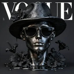 a head made out of melting metal, dark palette, it is wearing sunglasses and a hat, there are flowers all around it, black paint melting, vogue cover style, demonic style, smooth fractal style, brooke shaden style