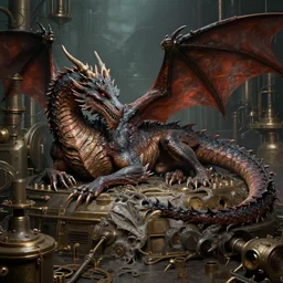 hyper realistic old dying dragon lying down on a steam punk apparatus, art by jon foster