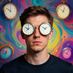 a man with clocks for eyes, colourful, trippy, n - 9