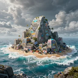 an impressive ominous cinematic shot of a plastic beach island waves caustics cumulo volumetric dynamic fluid simulation lighting impressive masterpiece graffiti hyper perspective textured detailed intricate sharp focus 8 k realistic illustration canon eos r 3 fujifilm x - t 3 0 sony alpha, by james gurney tooth wu artgerm