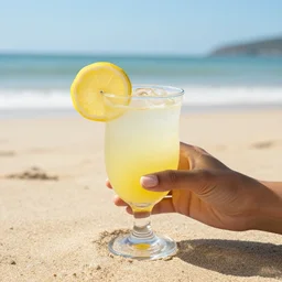 lemon on the beach holding a drink