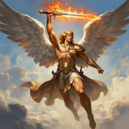 biblically accurate angel, epic propaganda poster, holding a flaming sword above his head, strength, health, confidence, in the style of magic the gathering cart art, hypermasculine, ancient soldier, flying in the sky, triumphant pose,